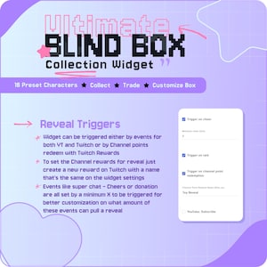 May include: A digital graphic promoting a "Ultimate Blind Box Collection Widget." The design features text, stars, and a mobile interface showing trigger settings for Twitch and YouTube events. The color scheme is primarily purple and pink.