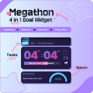 May include: A digital graphic with the text "Megathon 4 in 1 Goal Widget." The image displays a timer showing 04:04, with a progress bar and the words "Milestone Unlocked!" Also includes a quest tracker.