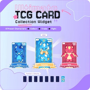 Peut inclure: Graphique numérique promotionnant un widget de collection de cartes TCG. L'image présente trois cartes de personnages : Astral, Cumulus et Ignis. Les cartes ont une palette de couleurs bleue, bleu clair et rouge. Le texte comprend "Ultimate TCG CARD Collection Widget".