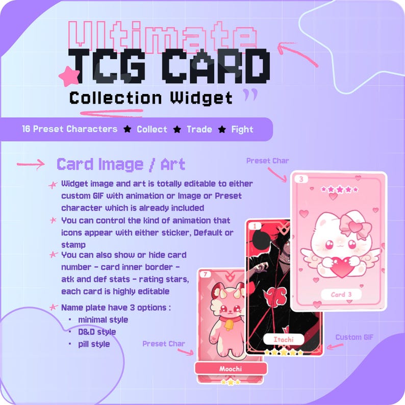 May include: Promotional image for a TCG card collection widget. The image shows three trading cards with various character designs, including a pink cat with a heart. Text on the image highlights features like customisable art and animation options.