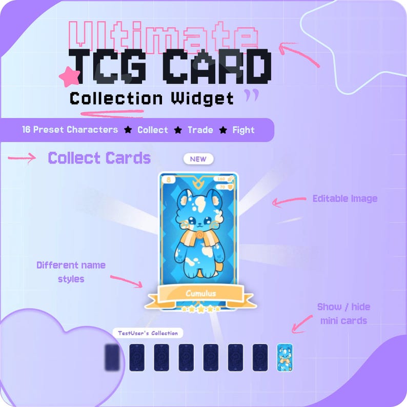 May include: A digital graphic promoting a TCG card collection widget. The design features a blue cartoon character card labelled "Cumulus," surrounded by other card examples. Text includes "Ultimate TCG CARD Collection Widget" and options to "Collect, Trade, Fight."