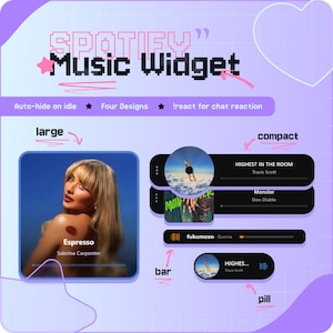 May include: A digital graphic displaying a Spotify music widget. The design features the text "SPOTIFY Music Widget" and includes a large display with an album cover and a compact display with song details. Additional features are listed.