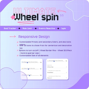 May include: A digital graphic with the text "ULTIMATE Wheel spin" in pink and black. The image highlights features like responsive design, customizable colors, and icons. It includes widget and decorative icon scale options.