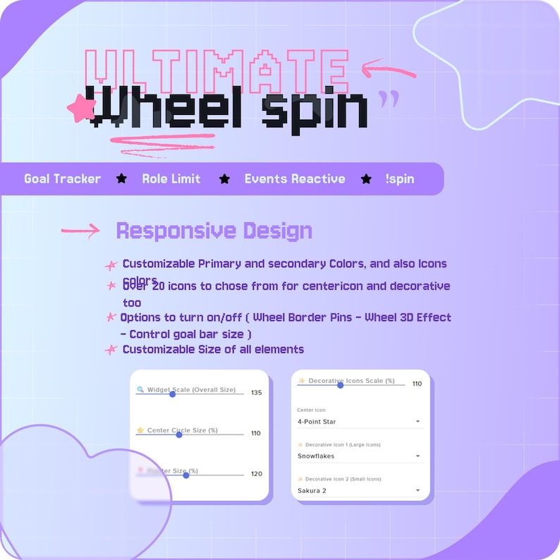 May include: A digital graphic with the text "ULTIMATE Wheel spin" in pink and black. The image highlights features like responsive design, customizable colors, and icons. It includes widget and decorative icon scale options.