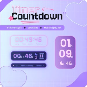 Peut inclure: Interface de minuterie numérique avec le texte "Timer Countdown". La conception comprend trois modèles de minuterie, des commandes et une barre d'affichage de musique. L'interface affiche l'heure en rose et blanc, avec un fond violet.