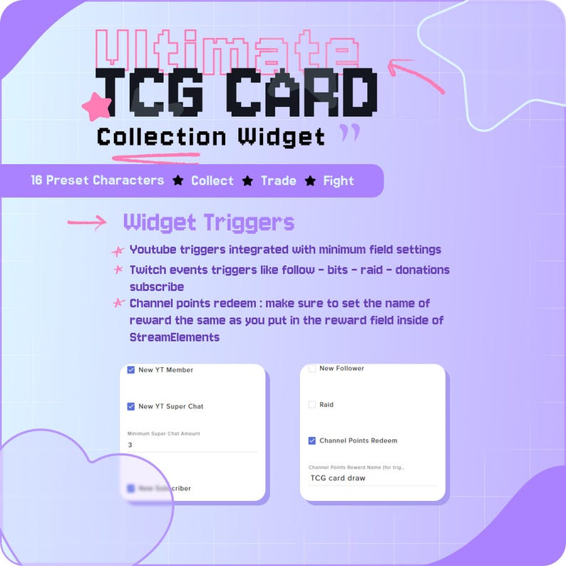 May include: A digital graphic for a TCG card collection widget, with text and icons in a purple and white colour scheme. The text includes "Ultimate TCG CARD Collection Widget" and options for collecting, trading, and fighting. It also shows widget triggers for YouTube and Twitch.