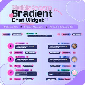 May include: A digital graphic display showcasing a Multistream Gradient Chat Widget with various chat box layouts, user avatars, and notification bubbles in shades of purple and pink, featuring text elements like New Follower and New Subscriber.