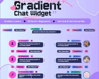 May include: A digital graphic display showcasing a Multistream Gradient Chat Widget with various chat box layouts, user avatars, and notification bubbles in shades of purple and pink, featuring text elements like New Follower and New Subscriber.