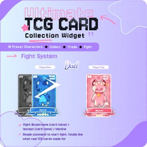May include: A digital graphic advertising a TCG card collection widget. The image displays the text "Ultimate TCG CARD Collection Widget" and showcases card designs with characters like "Astral" and "Moochi". The design includes a "Fight System" with duel cards.