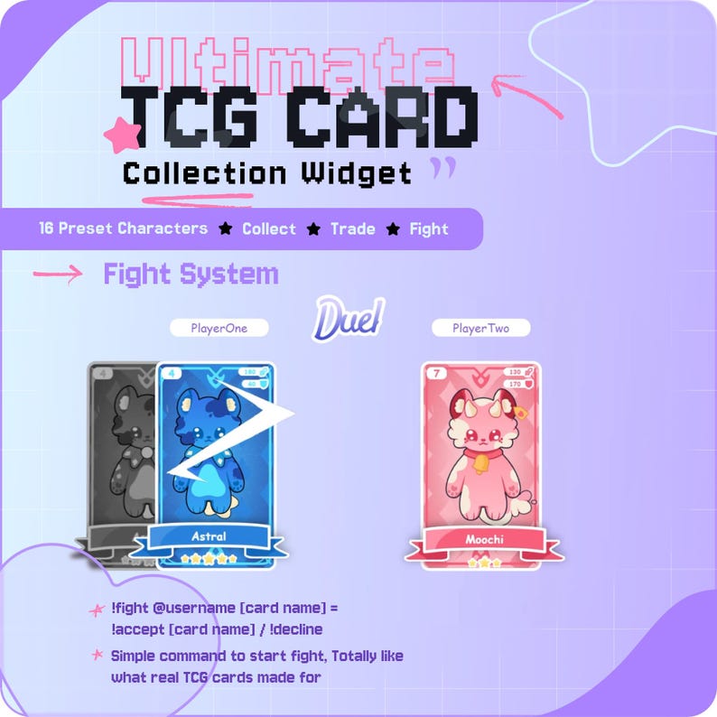 May include: A digital graphic advertising a TCG card collection widget. The image displays the text "Ultimate TCG CARD Collection Widget" and showcases card designs with characters like "Astral" and "Moochi". The design includes a "Fight System" with duel cards.