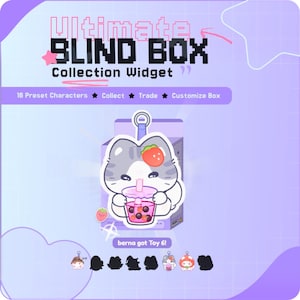 Könnte beinhalten: Ein lila-weißes Grafikdesign, das für ein "Blind Box Collection Widget" wirbt. Das Bild zeigt eine Cartoon-Katze, die ein rosa Getränk mit Boba trinkt. Der Text enthält "Ultimate Blind Box", "16 Preset Characters" und "berna got Toy 6!"
