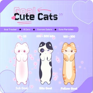 May include: A digital goal tracker graphic featuring the text "Goal Cute Cats" and three cartoon cats in white, black and white, and orange tabby patterns. The interface includes labels for Sub Goal, Bits Goal, and Follow Goal with numerical values.