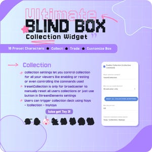 May include: A digital graphic promoting a "Ultimate Blind Box Collection Widget" with text and icons. The image includes instructions for collecting, trading, and customizing, with a collection interface and sample characters. The color scheme is purple and white.