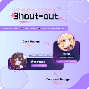 Könnte beinhalten: Eine digitale Grafik mit dem Text "STREAMER Shout-out" in einer pixeligen Schriftart. Das Design zeigt zwei Charakterporträts, eines mit dem Benutzernamen @ReiHitora und das andere @jinja, mit dem Text "Honkai: Star Rail" und "Great streamer - follow them!"