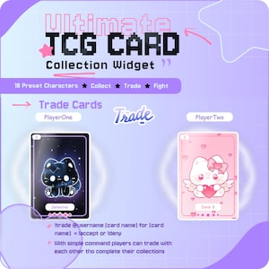 May include: A digital graphic for a TCG card collection widget. The design features two trading cards, one with a celestial cat and the other with a winged cat holding a heart. Text includes "Trade Cards" and instructions for trading.
