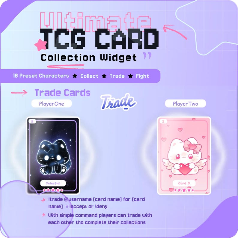 May include: A digital graphic for a TCG card collection widget. The design features two trading cards, one with a celestial cat and the other with a winged cat holding a heart. Text includes "Trade Cards" and instructions for trading.