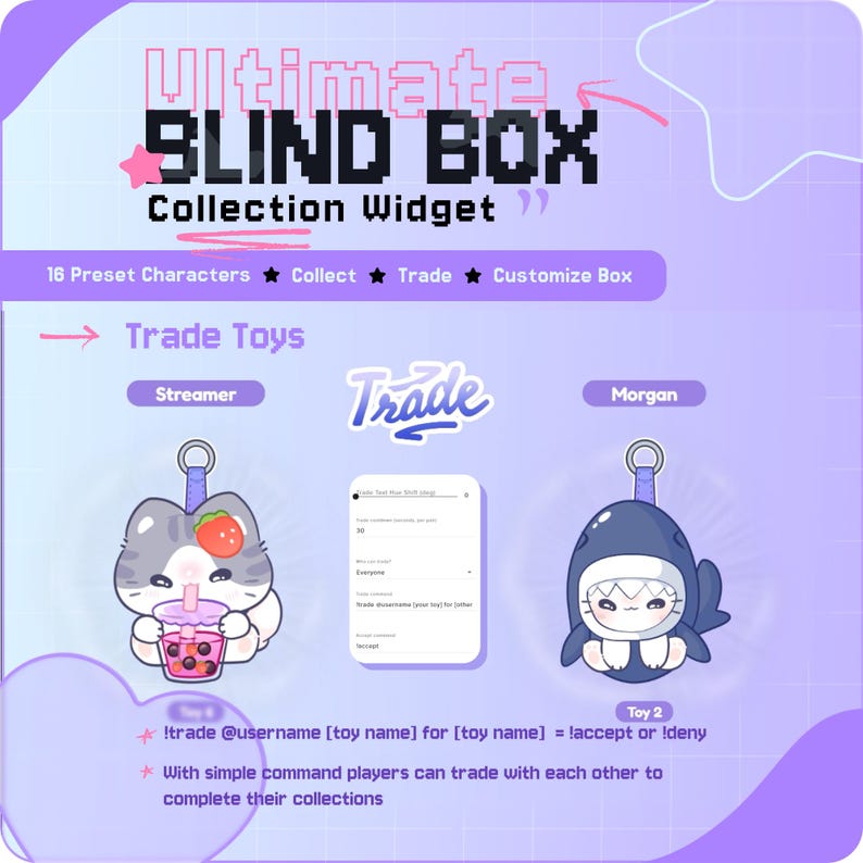 May include: A promotional image for a "Blind Box" collection widget, featuring cartoon toy designs. The text includes "Trade Toys," "Streamer," and "Morgan." One toy is a cat with a drink, the other a shark. The image also shows a trade interface.