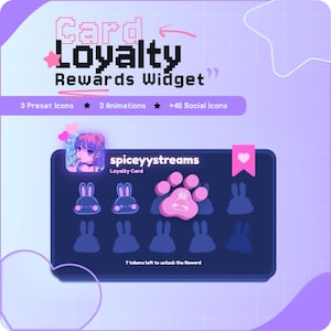 Op de afbeelding: Een digitale afbeelding met de tekst "Card Loyalty Rewards Widget". De afbeelding bevat pictogrammen, animaties en sociale pictogrammen. Een loyaliteitskaartontwerp bevat konijn- en pootafdrukpictogrammen, met de tekst "spiceyystreams Loyalty Card".