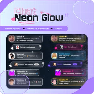 Op de afbeelding: Een digitale afbeelding met de tekst "Chat Neon Glow" in pixelroze en groen. De afbeelding toont gesimuleerde chatvensters met gebruikersavatars en berichten, waaronder "Welkom bij de stream iedereen!" en "Deze stream is geweldig!"
