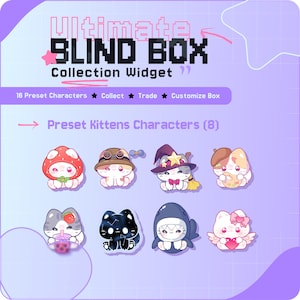 May include: A promotional image for a "Ultimate Blind Box Collection Widget" featuring eight "Preset Kittens Characters." The kittens are designed with various themes, including a mushroom, a witch, and a shark. The image has a purple and pink color scheme.