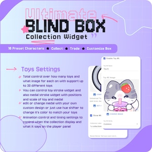 May include: A digital interface for a "Blind Box" collection widget, featuring text and graphics. The design includes options to collect, trade, and customize. A cartoon cat with a strawberry drink is also shown.