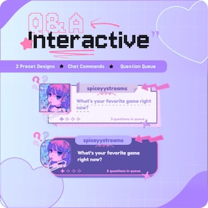 May include: A digital graphic with the text "Q&A Interactive" in pixelated font. Below are two interactive chat boxes with the username "spiceyystreams" and the question "What's your favorite game right now?"