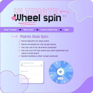 May include: A graphic with the text "ULTIMATE Wheel spin" in a purple and pink color scheme. The image includes a wheel with sections labeled "error", "night", "pints", "VIP", "Free", and "100". Additional text describes "Points Goal Spin" and related features.