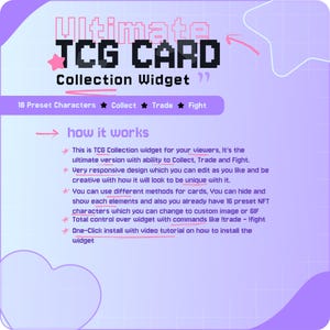 May include: A digital graphic on a purple background advertising a TCG Card Collection Widget. The text reads "Ultimate TCG CARD Collection Widget" and highlights features like collecting, trading, and fighting. It also mentions 16 preset characters and one-click install.