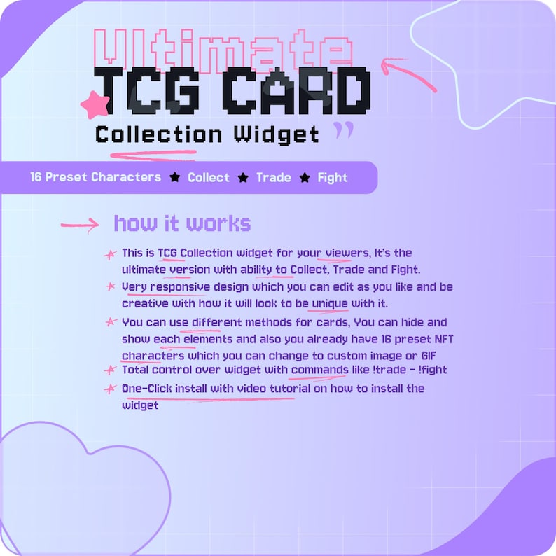 May include: A digital graphic on a purple background advertising a TCG Card Collection Widget. The text reads "Ultimate TCG CARD Collection Widget" and highlights features like collecting, trading, and fighting. It also mentions 16 preset characters and one-click install.