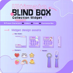 May include: A promotional image for a "Blind Box Collection Widget" featuring various design assets. The image includes box faces, stickers with cute designs, and medals. The color scheme is primarily purple and white, with text that reads "Ultimate Blind Box Collection Widget."