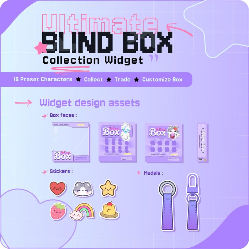 May include: A promotional image for a "Blind Box Collection Widget" featuring various design assets. The image includes box faces, stickers with cute designs, and medals. The color scheme is primarily purple and white, with text that reads "Ultimate Blind Box Collection Widget."