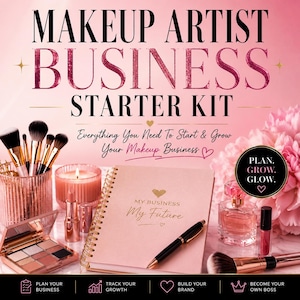 Peut inclure: Un kit de démarrage pour entreprise de maquillage comprenant un carnet à spirales avec le texte 'MY BUSINESS My Future', un stylo noir, une palette de maquillage, des pinceaux, une bougie, du parfum et du brillant à lèvres sur fond rose.