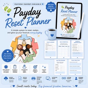 Könnte beinhalten: Ein digitaler Payday Reset Planer mit einem Tablet samt Eingabestift, einer hellblauen Tasse mit Herzmotiv und ausdruckbaren Finanzübersichten. Das Design enthält Illustrationen von Personen, Text sowie Symbole zur Planung von Rechnungen und Zielen.