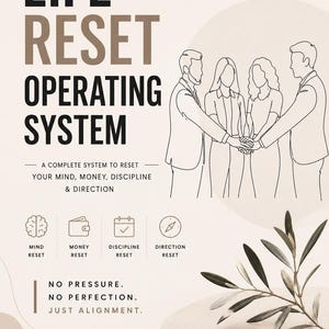 Puede incluir: Un póster beige titulado LIFE RESET OPERATING SYSTEM con un dibujo lineal de cuatro personas tomadas de la mano. Incluye iconos para el reinicio de mente, dinero, disciplina y dirección, con el texto: NO PRESSURE. NO PERFECTION. JUST ALIGNMENT.