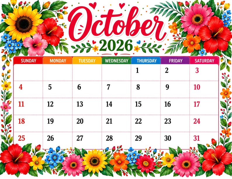 Peut inclure: Un calendrier mural pour octobre 2026 présentant une grille avec les jours de la semaine indiqués dans des en-têtes colorés. Le design est encadré par des illustrations vibrantes de tournesols, d'hibiscus rouges et de marguerites roses.