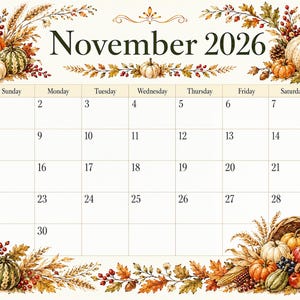 Könnte beinhalten: Ein Kalenderblatt für November 2026 mit einem Raster für die Tage 1 bis 30. Der Rand ist mit Aquarellillustrationen von orangefarbenen und weißen Kürbissen, Weizenähren, Herbstblättern, Tannenzapfen, Beeren und einem Füllhorn verziert.