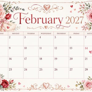 May include: A February 2027 calendar page featuring a cream background with decorative borders of pink and red roses, green leaves, and small hearts. The text reads February 2027 with a grid layout for the days of the month and a small heart on the 14th.
