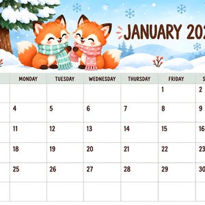 May include: A January 2027 calendar page featuring an illustration of two orange foxes wearing scarves in a snowy landscape with a pine tree. The grid displays days of the week from Sunday to Saturday with dates numbered one through thirty-one.