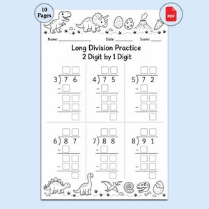May include: A black and white printable worksheet for long division practice featuring 2-digit by 1-digit problems. The page includes dinosaur-themed illustrations at the top and bottom, with blank spaces for name, date, and score at the top.