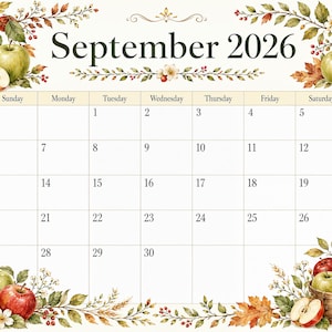 September 2026 Apple Orchard Calendar Printable, Sunday Start Monthly Planner, Early Fall Wall Calendar, Digital Download