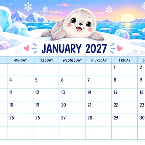 May include: A January 2027 calendar page featuring a cartoon illustration of a gray seal pup on a snowy landscape with icebergs and a sunset. The calendar grid displays days of the week and dates from 1 to 31 in a blue font on a white background.