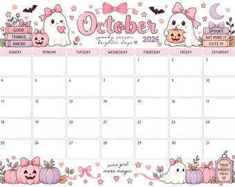 October 2026 Halloween Ghostly Pumpkin Girl Theme Calendar Printable, Sunday Start Planner, Digital Download