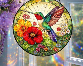 Hummingbird Floral Stained Glass Suncatcher, Colorful Garden Window Hanging