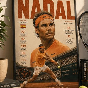Peut inclure: Une affiche A3 encadrée présentant un portrait et une photo d'action du joueur de tennis Rafael Nadal en t-shirt orange. Le design inclut le texte 'RAFAEL NADAL', 'PASSION FUELS VICTORY', 'DISCIPLINE BUILDS LEGACY' et des statistiques de carrière.