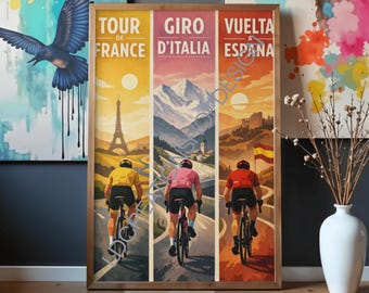 Set met posters van de Grand Tours | Tour de France, Giro d'Italia, Vuelta España | Fietsposter voor aan de muur | Fietsposter | Digitale download