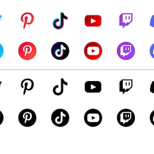 May include: A collection of social media icons, including Facebook, Instagram, Twitter, Pinterest, TikTok, YouTube, Twitch, Discord, Telegram, and WhatsApp. The icons are displayed in color and black and white.