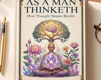 Può includere: Un libro con copertina rigida intitolato As A Man Thinketh: How Thought Shapes Reality di James Allen. La copertina presenta un'illustrazione centrale di una persona che medita, tenendo un cristallo luminoso, sotto un albero con un cervello.