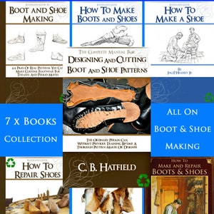 Puede incluir: Una colección de siete libros antiguos sobre la fabricación, reparación y diseño de botas y zapatos. Los libros presentan ilustraciones y texto, incluyendo títulos como "Cómo hacer botas y zapatos", "Cómo reparar zapatos" y "El manual completo para diseñar y cortar patrones de botas y zapatos".