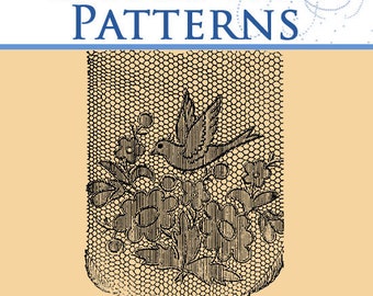 May include: A book cover with the title "85 Darned Lace Patterns" in green and blue text. The cover features a black and white illustration of a bird and flowers on a lace background. The book is by J. F. Ingalls.