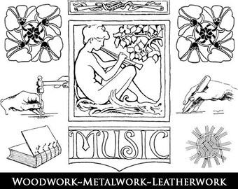 May include: A vintage book cover with the title "Art Crafts for Beginners" and a black and white illustration of a person playing a musical instrument. The book cover also includes the word "Music" and a list of crafts including woodworking, metalwork, leatherwork, bookbinding, pottery, basketry, and beadwork.